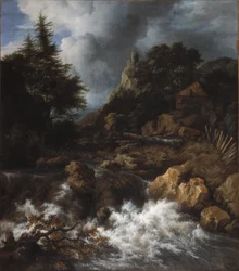 Cascata con una casa a graticcio e un castello